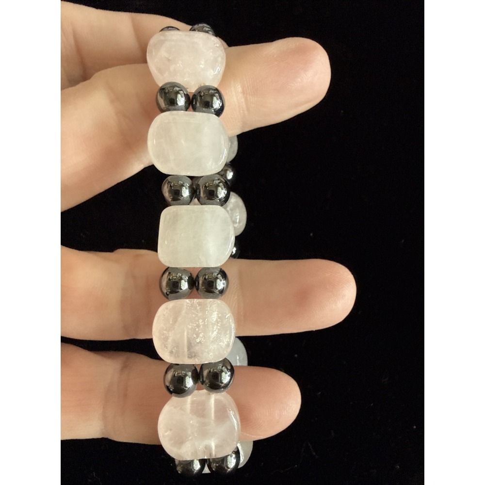 Square Shaped Rose Quartz Paired W GunmetalColored Hematite Spheres Stretch 3793